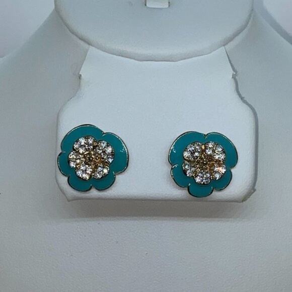 Gold-Tone Blue Clear Rhinestone Flower Stud Earrings - Picture 1 of 6